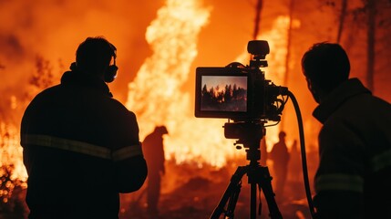 Fototapeta premium Firefighters Capture Wildfire Footage with Camera During Battle