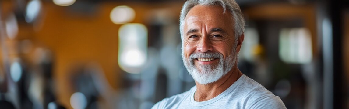 A smiling older man with a beard in a gym, promoting wellness and active living. Great for health and fitness campaigns targeting older audiences.