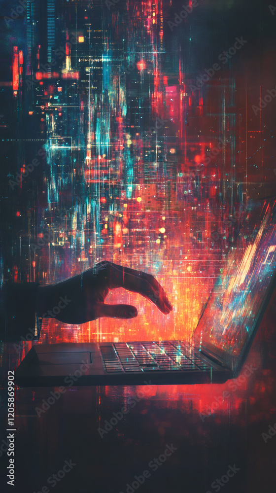 Leinwandbilder hand reaching out to touch holographic data stream rising from laptop keyboard in futuristic office 