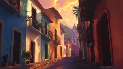 Fototapeta premium Colorful Street Scene at Sunset in Vibrant Mexican Town