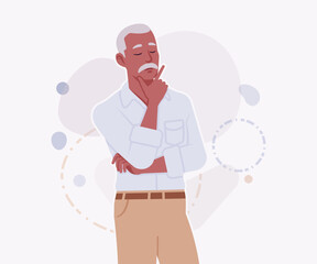 Handsome active senior mature man, elder businessman pondering pose. Old experienced male, grey hair, moustache, older business owner. Vector flat style cartoon illustration on creative background