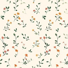 Elegant Small Floral Pattern Seamless Design Pretty Orange Yellow Flowers Botanical Illustration Delicate Branches Spring Summer Textile Fabric       