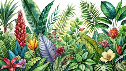Lush Tropical Paradise A Vibrant Watercolor Depiction of Exotic Flora Featuring a Diverse Array of Leaves, Flowers, and Plants in a Rich Tapestry of Green, Red, and Yellow Hues