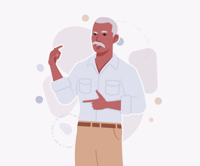 Handsome active senior mature man, elder businessman spokesperson pose. Old experienced male, grey hair, moustache, older business owner. Vector flat style cartoon illustration on creative background