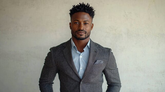 Stylish young man in a tailored gray blazer with a light blue shirt, perfect for fashion campaigns, professional profiles, and event promotions like networking events.