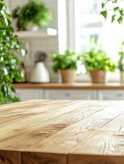 Empty wooden tabletop in a bright, clean kitchen with natural light and greenery