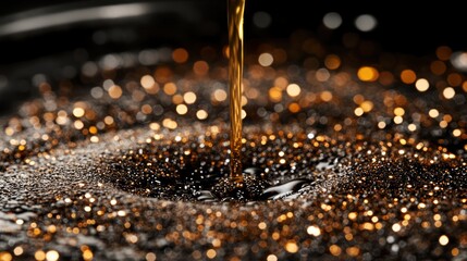 Golden oil pouring, dark background, bokeh, lubricant advertisement