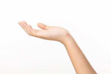 Close-up of empty woman hand isolated on white background