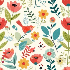 Charming Spring Floral Pattern with Bird Seamless Design Pretty Colorful Flowers Botanical Illustration Artistic Nature Background Lovely Garden Print