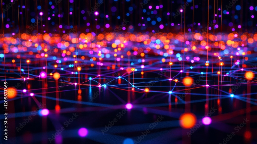 Canvas Prints a futuristic digital network landscape, consisting of glowing, interconnected nodes spread across a 