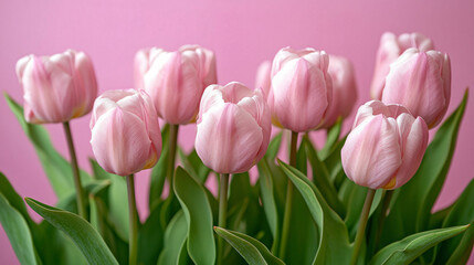 Fototapeta premium A charming arrangement of pink tulips against a soft pink background, symbolizing love and elegance.