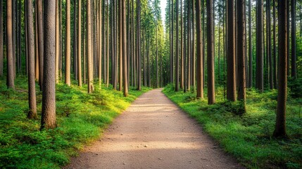 Fototapeta premium Hiking trail adventure: Wildlife and fitness. Serene forest path lined with tall trees and greenery.