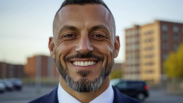 Smiling businessman in urban setting exuding confidence and charisma