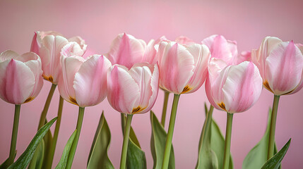Fototapeta premium A charming arrangement of pink tulips against a soft pink background, symbolizing love and elegance.
