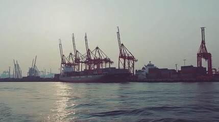 Naklejka premium Container ship docked, harbor cranes loading, sunrise, global trade