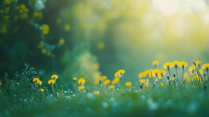 Fototapeta premium Dandelions blooming sunrise meadow background nature