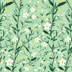 Elegant White Flowers Green Leaves Floral Pattern Seamless Design Pretty Botanical Illustration Spring Summer Nature Background Textile Fabric        