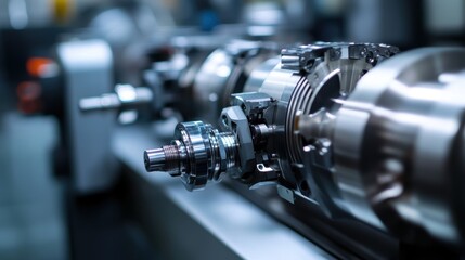Naklejka premium Close up view of complex machinery operating smoothly, showcasing precision engineering and advanced manufacturing technology in a modern industrial factory
