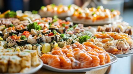 Buffet, sushi, salmon, seafood, event, catering, delicious, party, food, table