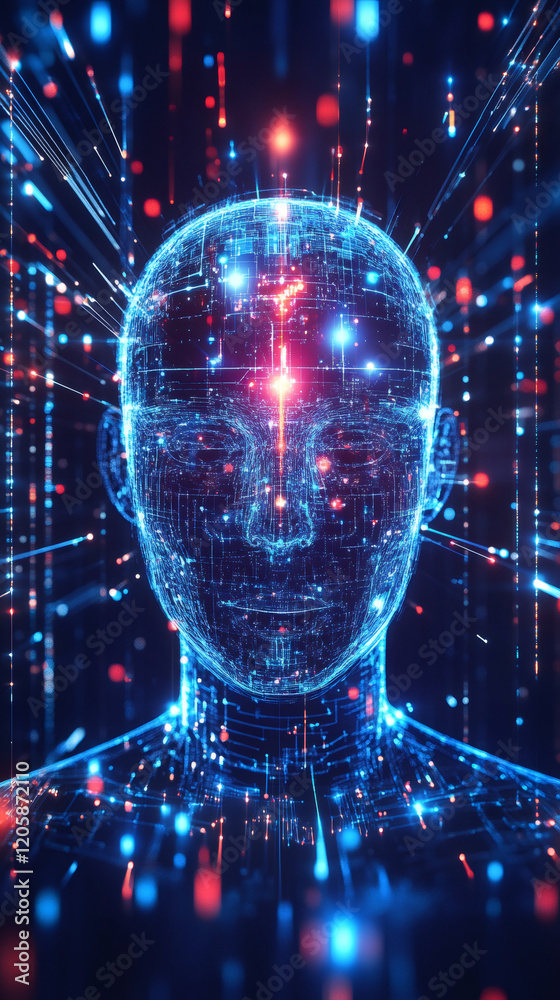 Poster digital human face receiving data representing artificial intelligence and machine learning transfor
