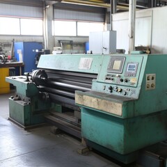 Factory rolling machine operation, industrial workshop background, manufacturing process