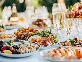 Luxurious outdoor seafood buffet, champagne, garden