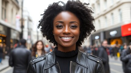 Fototapeta premium A woman with curly hair is smiling confidently as she stands on a bustling city street filled with people. The sunlight highlights her joyful expression against a lively backdrop