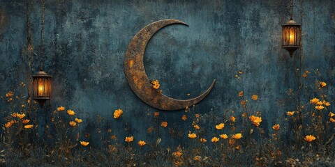 Artistic decor featuring a crescent moon and yellow flowers on a textured blue background. Captures imagination, artistic flair, and creativity for themed designs.