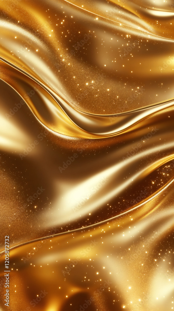 Poster luxurious golden silk fabric flowing and sparkling with golden glitter particles, creating a glamoro