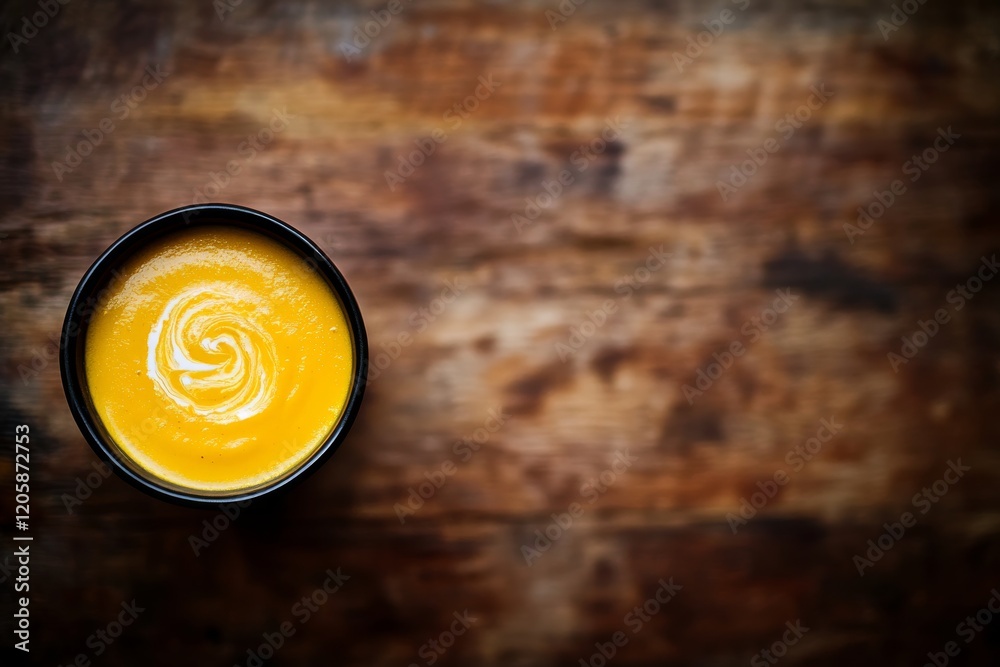 Poster a rustic bowl of creamy pumpkin soup rests on a weathered wooden table, featuring a smooth texture a