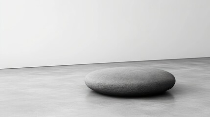 Gray stone resting on floor, minimalist gallery, serene background, product display