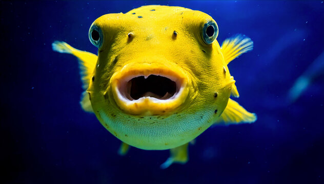 Surreal Pufferfish Stare: Close-up of Open-Mouthed Underwater Oddity
