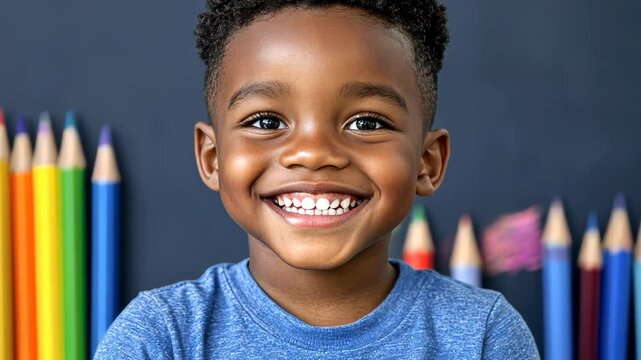smiling boy with colorful crayons in a cheerful setting