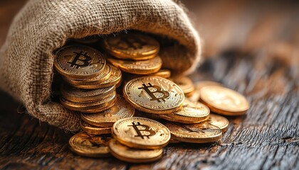 Burlap sack spilling golden Bitcoins, rustic wooden surface, warm sunlight