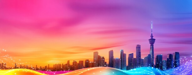 Vibrant Futuristic City Skyline at Dusk