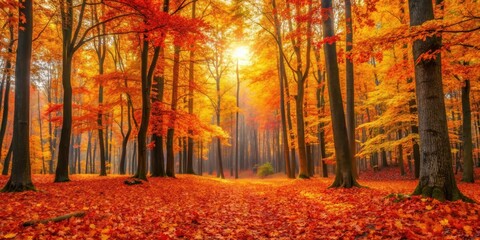 Fototapeta premium Vibrant orange and yellow leaves scattered on the forest floor amidst tall trees with crimson foliage, tree foliage, nature scenery