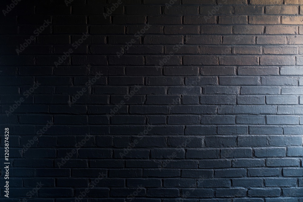 Poster Dark black brick wall features a textured surface with light and shadow effects, offering ample copy space on the right ideal for design and creative projects