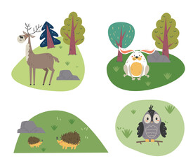 Hand drawn line art forest animals characters isolated set. Vector flat graphic design illustration