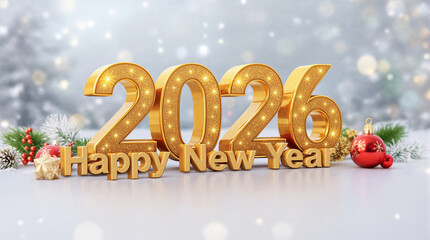 Golden 2026 lettering with sparkling texture and christmas decorations wishes happy new year on a snowy background
