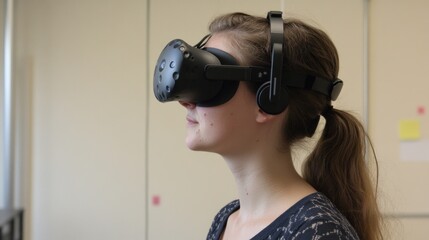Naklejka premium Woman using VR headset in office, exploring virtual reality