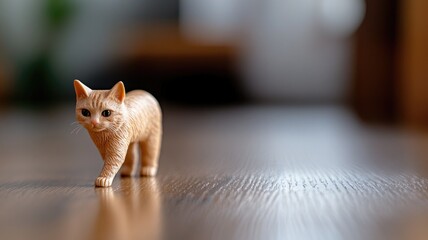 Detailed miniature orange cat figurine walking on wooden floor