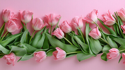 Fototapeta premium A flat lay design of pink tulips with a copy space on a pastel pink backdrop, ideal for Valentine's Day greetings.