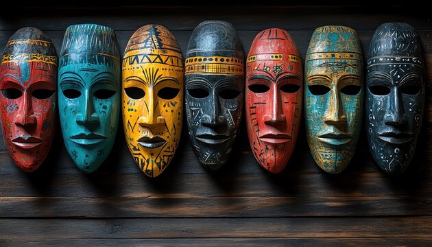 Colorful traditional masks on wooden wall, cultural diversity