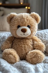 Obraz premium Cozy teddy bear on fluffy white bedding, warm light, soft and comforting