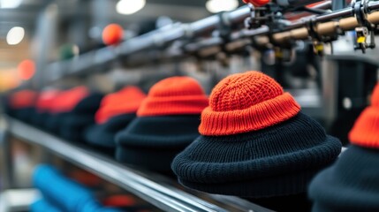Obraz premium Red & black knit hats on factory conveyor belt