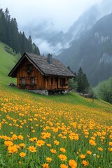 Fototapeta premium Cozy wooden cottage in a misty mountain valley, surrounded by yellow flowers, soft morning light, serene and picturesque