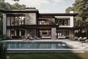 Fototapeta premium Modern House with Pool and Expansive Landscaping