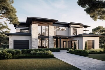 Fototapeta premium Modern Two Story House With Stone Accents And Landscaping