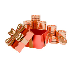 A 3d icon of red gift box featuring a stack of glod coins