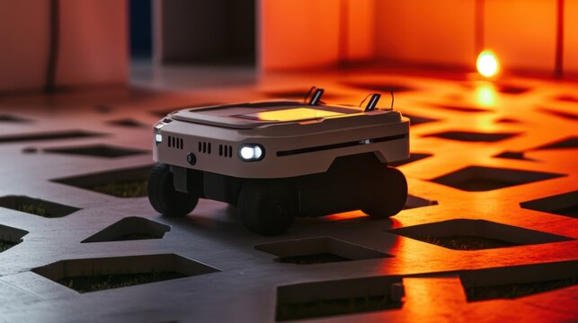 Small automated guided vehicle transporting goods through a futuristic industrial plant, illuminated by vibrant orange lights, highlighting advancements in robotics and automation